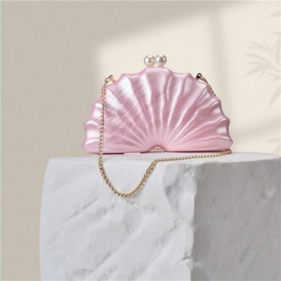 White Acrylic Shell Clutch | Evening Handbag with Detachable Chain - Picture 2 of 5
